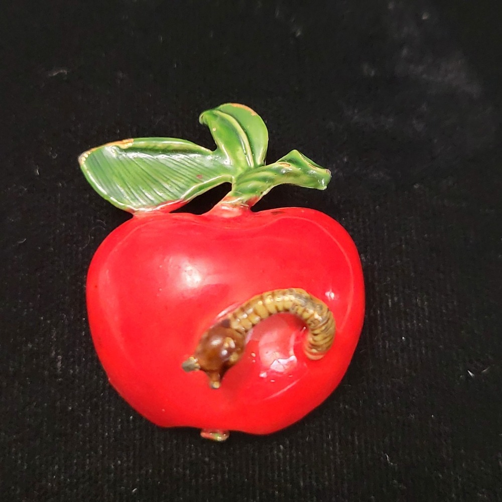 Vintage ORIGINAL BY ROBERT Signed Enamel Red Apple Worm Brooch‎ Teacher School